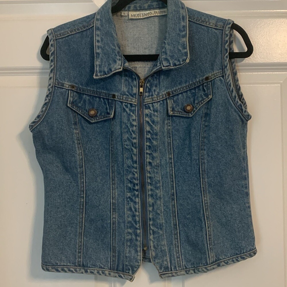 Vintage‎ 90s denim zip jean jacket vest Montana Blues made in HK.